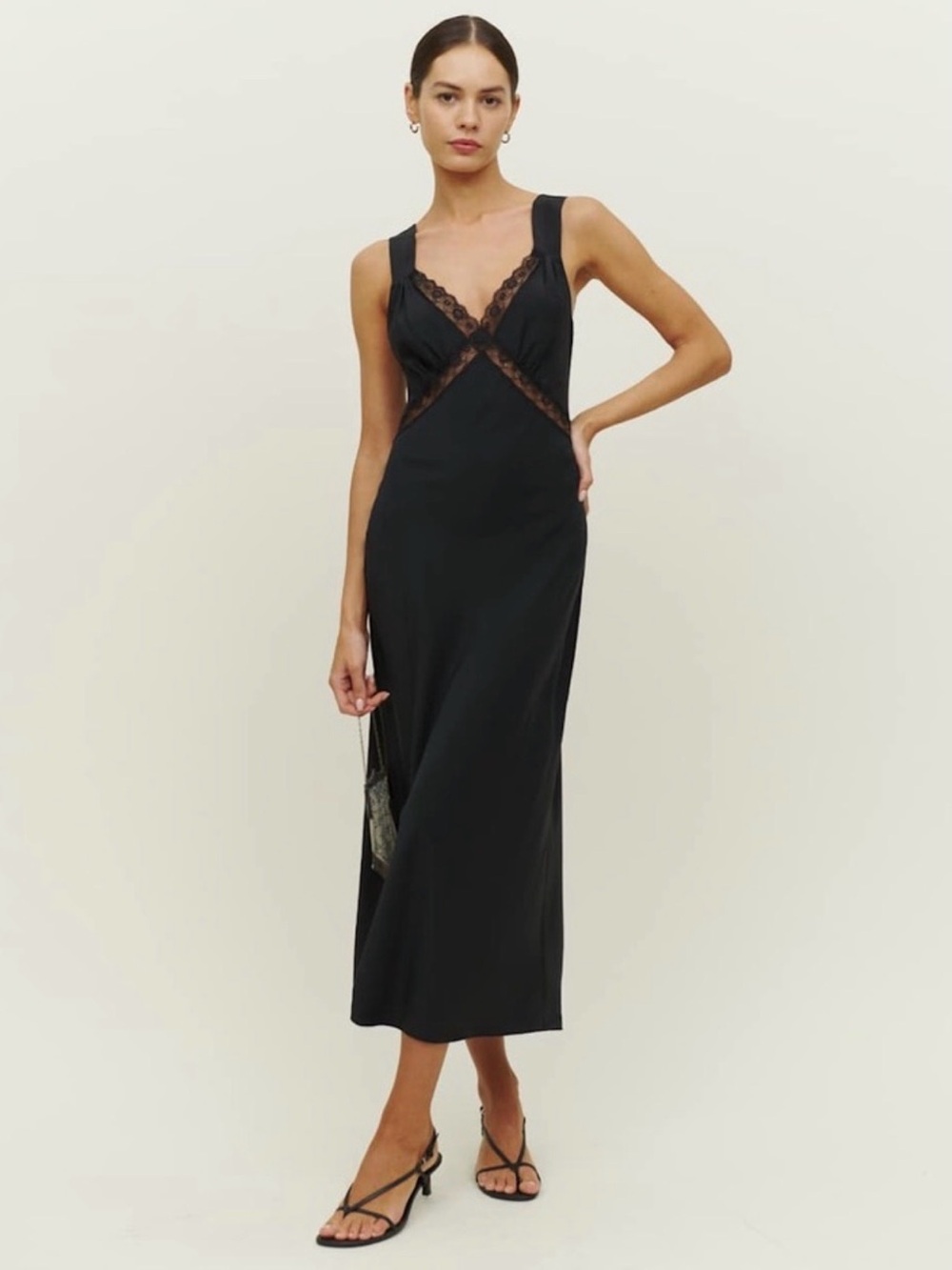 NWT Reformation Black Lace-Trim Slip Midi Dress